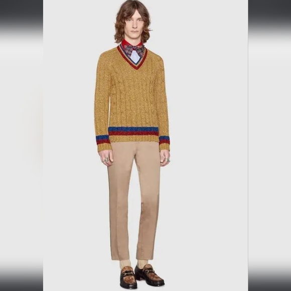 Gucci Other - Gucci Gold Metallic Cable Knit Red Blue V-Neck Sweater SZ Small Men